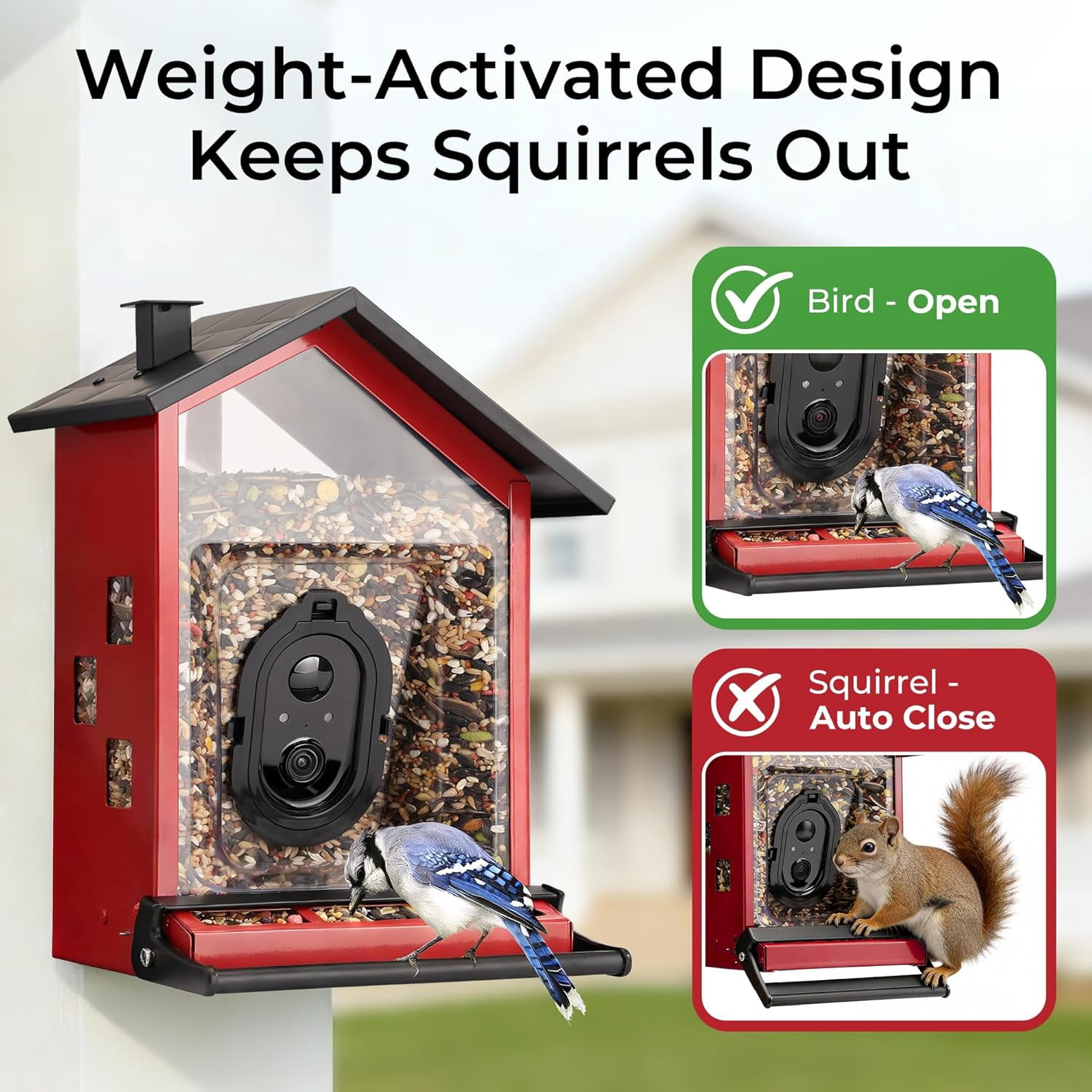 TT Nature Smart Bird Feeder with Camera, Solar Powered Squirrel Proof Outdoor Bird Watching, AI Species Identification, 3.2L, Red