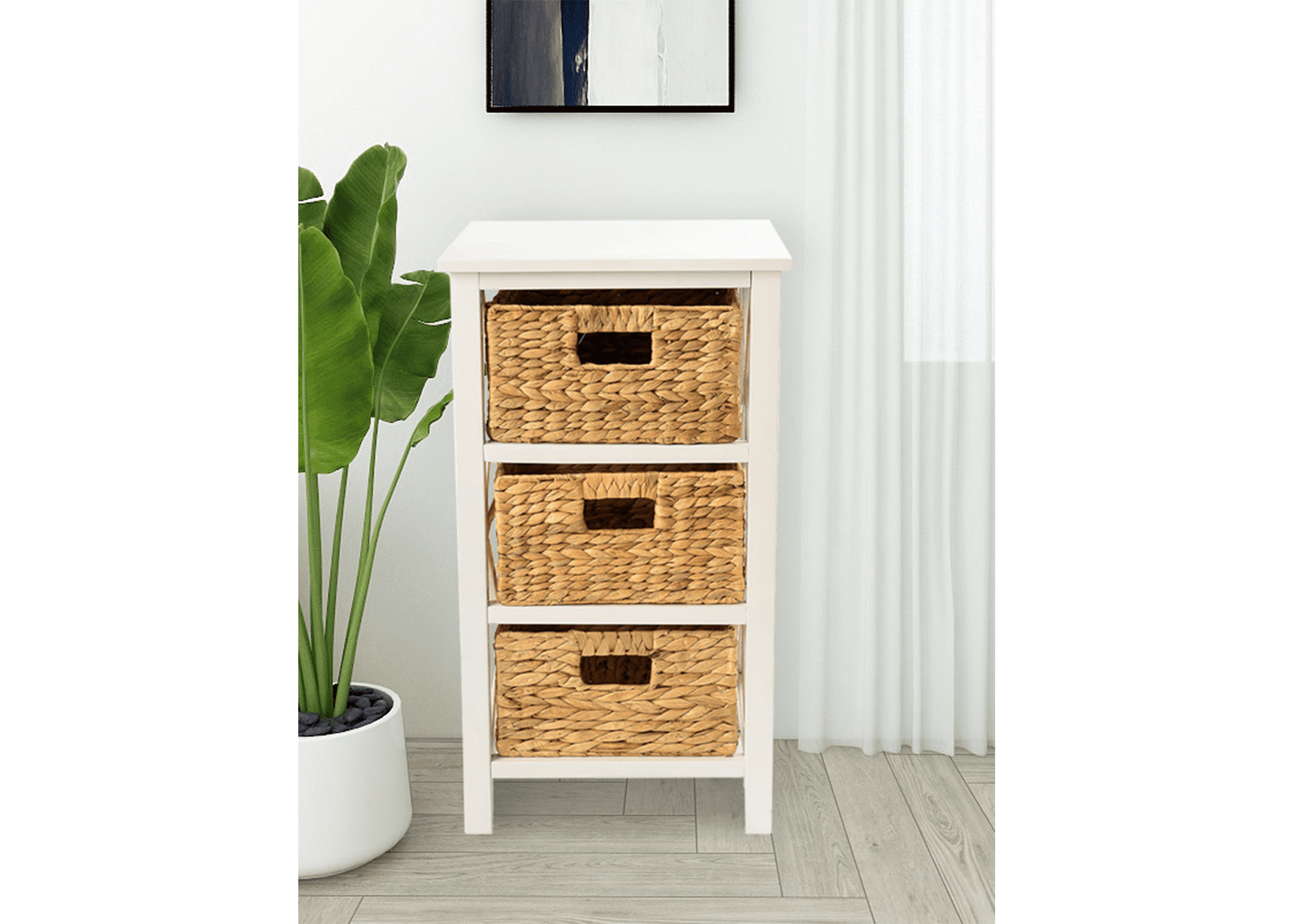 Ehemco 3 Tier X-Side End Table/Cabinet Storage with 3 Baskets Walnut