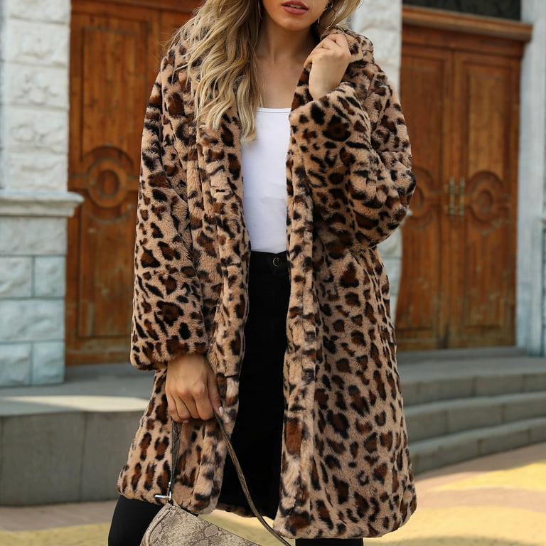 FITORON Women Faux Fur Jacket- Overcoat Long Sleeve Leopard Print  Button-Down Turndown Collar Comfy Warm Trench Coat Outerwear Brown XL  Christmas Gift 
