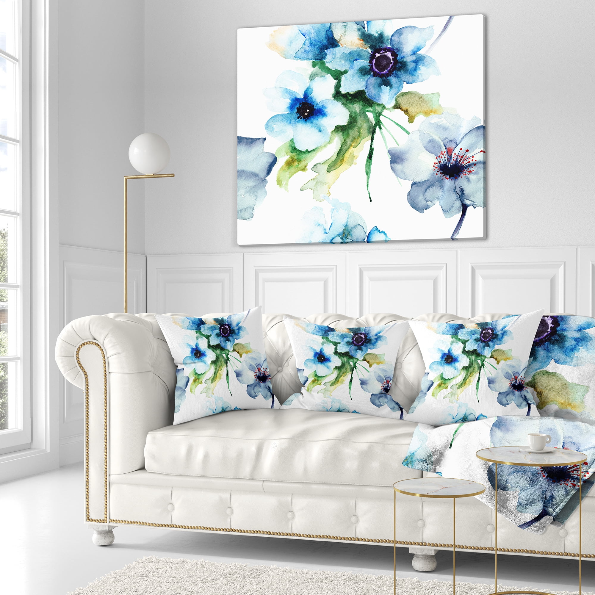 Designart Seamless Summer Blue Flowers - Floral Throw Pillow - 18x18