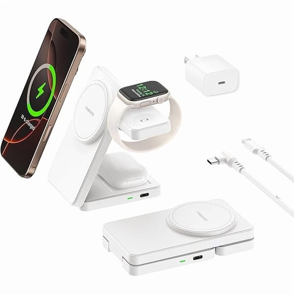 Saluqifa 3 in 1 Charging Station for iPhone 16/15/14/13/12 Series, Wireless Charger for Apple Watch，Travel Magnetic Charging Stand for AirPods (White)