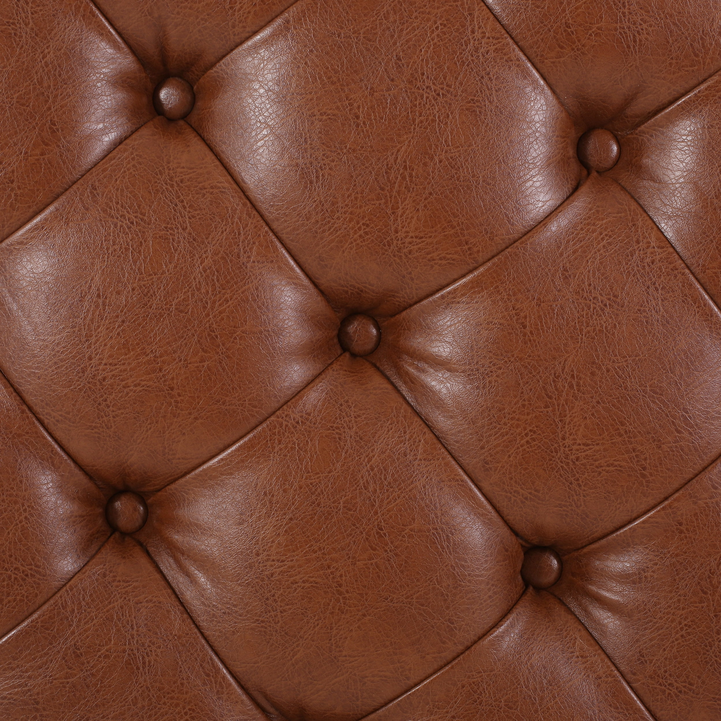 Noble House Aldrich Faux Leather and Wood Tufted Round Ottoman with Open Shelf, Cognac Brown and Espresso