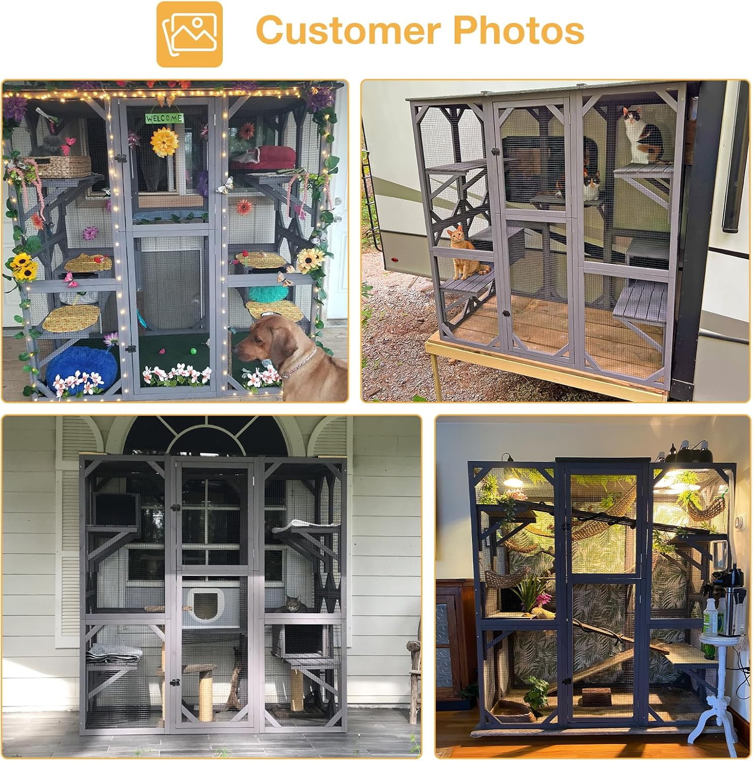 MEDEHOO Outdoor Catio Cat Enclosure, Walk-in Cat House with 7 Jumping Platforms & Weatherproof Asphalt Roof, Extra Large Cat Cage with 2 Napping Houses, Gray