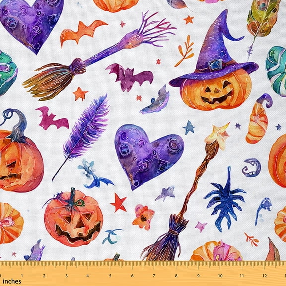 Homewish Kawaii Pumpkin Lantern Fabric by the Yard 3 Yard,Halloween Witch Hat Sewing Fabric,Purple White Orange Room Decor Fabric by the Yard For Girls Boys,Super Cozy Room Decor