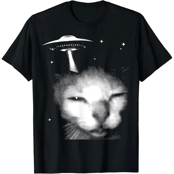 Alien Cat Meme UFO Funny Vintage Silly Kitty Y2K Graphic Unisex T-Shirt, up to Size 5XL