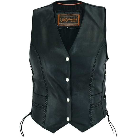 Daniel Smart Women Leather Vest – Attractive Braid Detailed Leather Vest with Side Laces