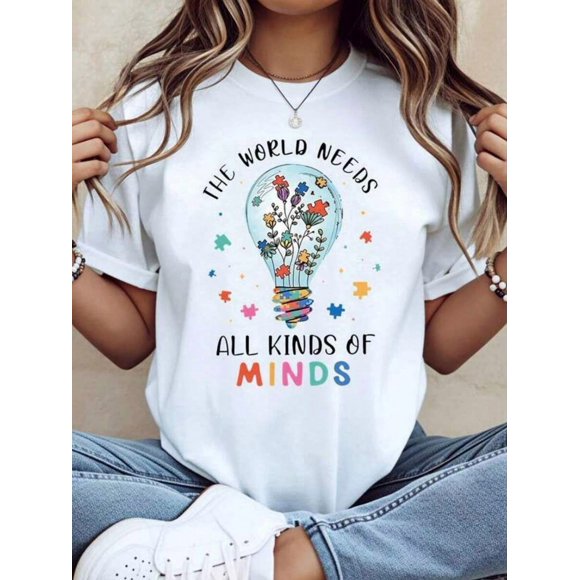 The World Needs All Kinds Of Minds Autism Awareness T-Shirt For Women And Girls With Lightbulb Puzzle Piece Design Colorful Flowers And Stars Print Casual Top,S,White