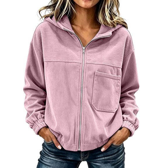 Women's Full Zip up Jacket Plus Size Corduroy Hoodies Trendy Loose Fit Hooded Sweatshirts Outwear with Pocket Pink XL