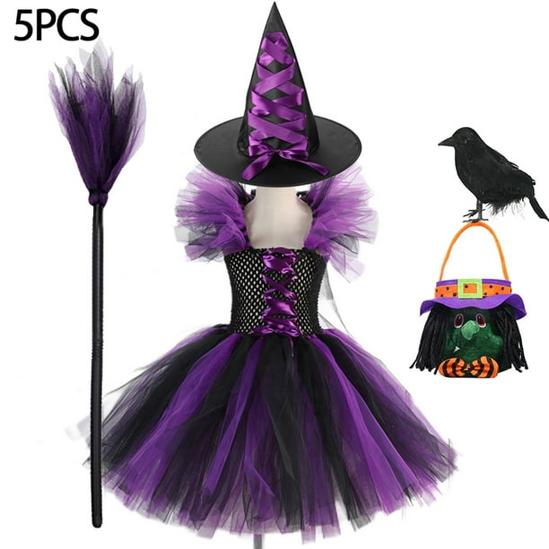 Disfraz de bruja para niñas, disfraz de Halloween, carnaval, fiesta, bruja infantil, bolsa, sombrero, traje de pájaro