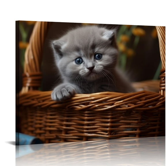 JRXY Scottish Fold Gray Kitten In Wicker Basket Poster Canvas Print Painting Picture Wall Art Bedroom Living Room Decor 20x16in