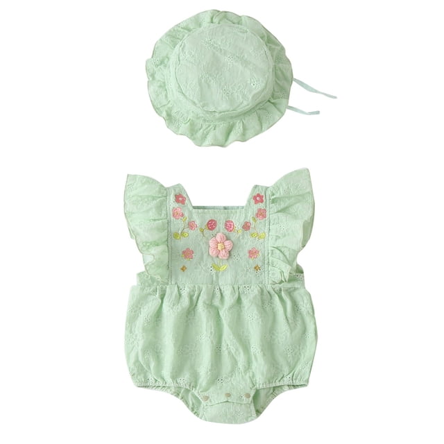 Toddler Girls Rompers Summer 2 Pieces Sunsuit Outfits Set Lace Ruffles Romper Short Sleeves Jumpsuits Green Infant Boy Clothes 0-3M