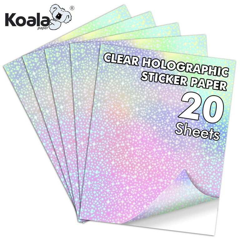 20 Sheets Koala Clear Holographic Sticker Paper Star, Self-Adhesive Laminating Sheets Clear, Transparent Vinyl Overlay Film A4