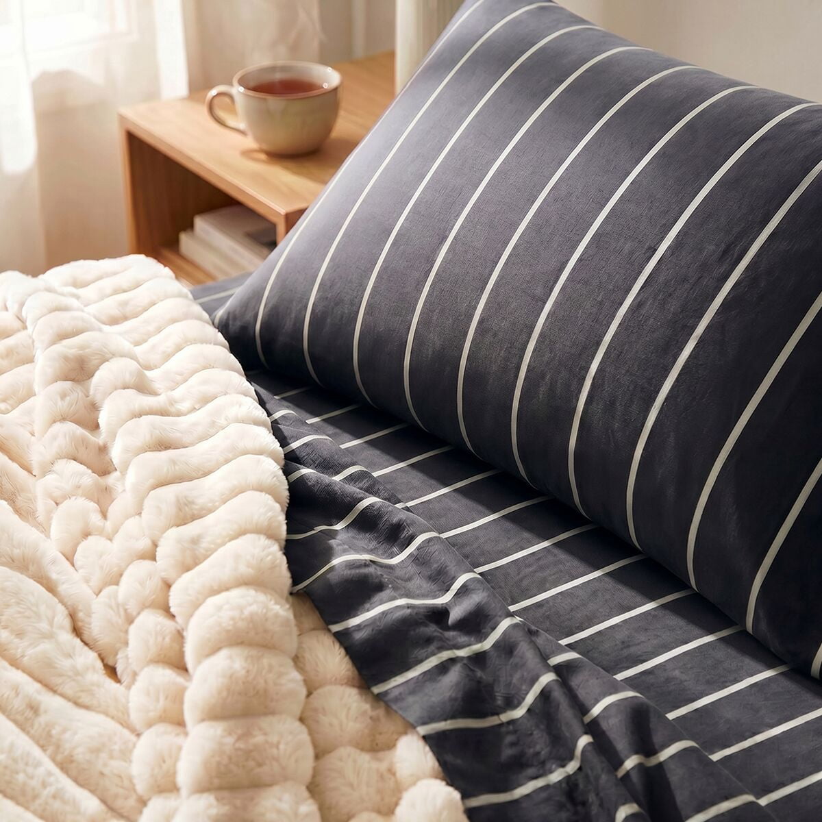 Mainstays 100% Cotton Dreamy Soft 3-Piece Bed Sheet Set, 220 Thread Count Brushed and Washed Sateen, Deep Pocket, Twin/Twin XL, Grey Stripe