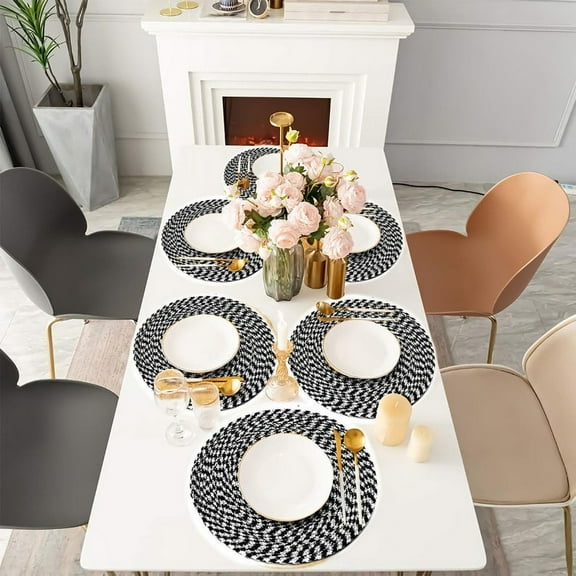 Set of 4 Black and White 15-Inch Round Cotton Placemats for Home Everyday Use