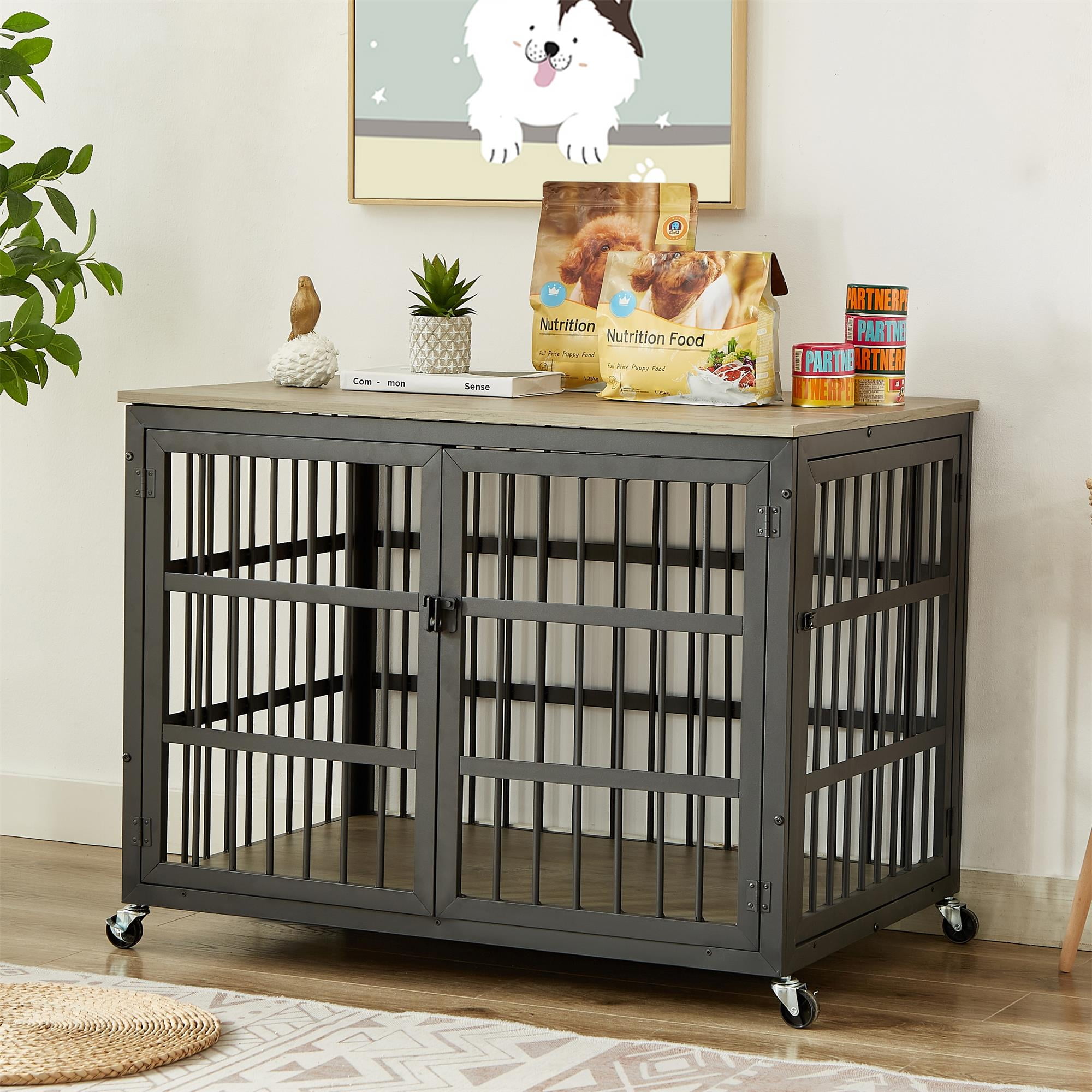 Pefilos 38" Heavy Duty Dog Crate, Furniture Style Dog Cage with Wheels, Dog House Wrought Iron Frame Door with Side Openings, Gray Pefilos 38" Heavy Duty Dog Crate, Furniture Style Dog Cage with Wheels, Dog House Wrought Iron Frame Door with Side Openings, Gray