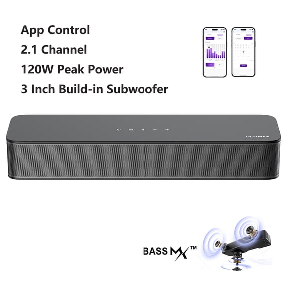 ULTIMEA 2.1ch Sound Bar for TV, Built-in Subwoofer, Peak Power 132W, App Control, 16 Inches Bluetooth 5.4 TV Speakers Soundbar, All-in-one PC Soundbar for Game, OPT/AUX/Wall Mount, Poseidon M20 Pro