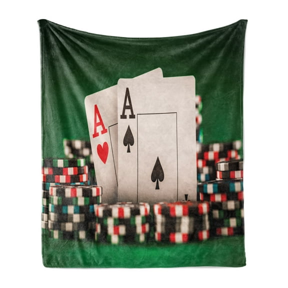 Poker Soft Flannel Fleece Blanket, Illustration with Stack of Gaming Chips and Playing Cards Showing 2 Aces, Cozy Plush for Indoor and Outdoor Use, 70" x 90", Emerald and Multicolor, by Ambesonne