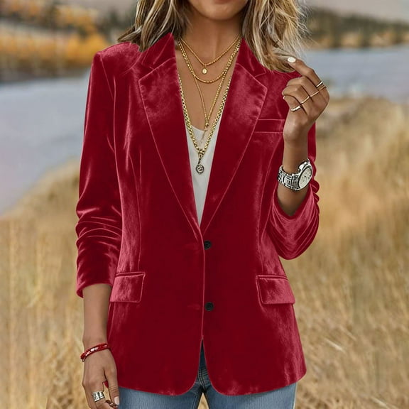 Roncen Women Button Fitted Velvet Blazer Jacket Business Suit Jacket Work Office Notched Collar