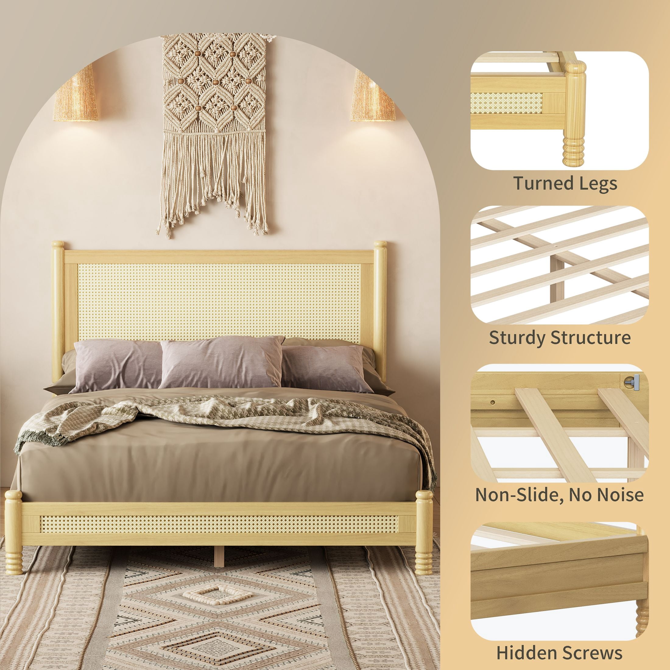 GDF Studio Annes Full Size Boho Rattan Platform Bed Frame with Turned Legs, Woven Cane Pine Wood Bed Frame, Natural
