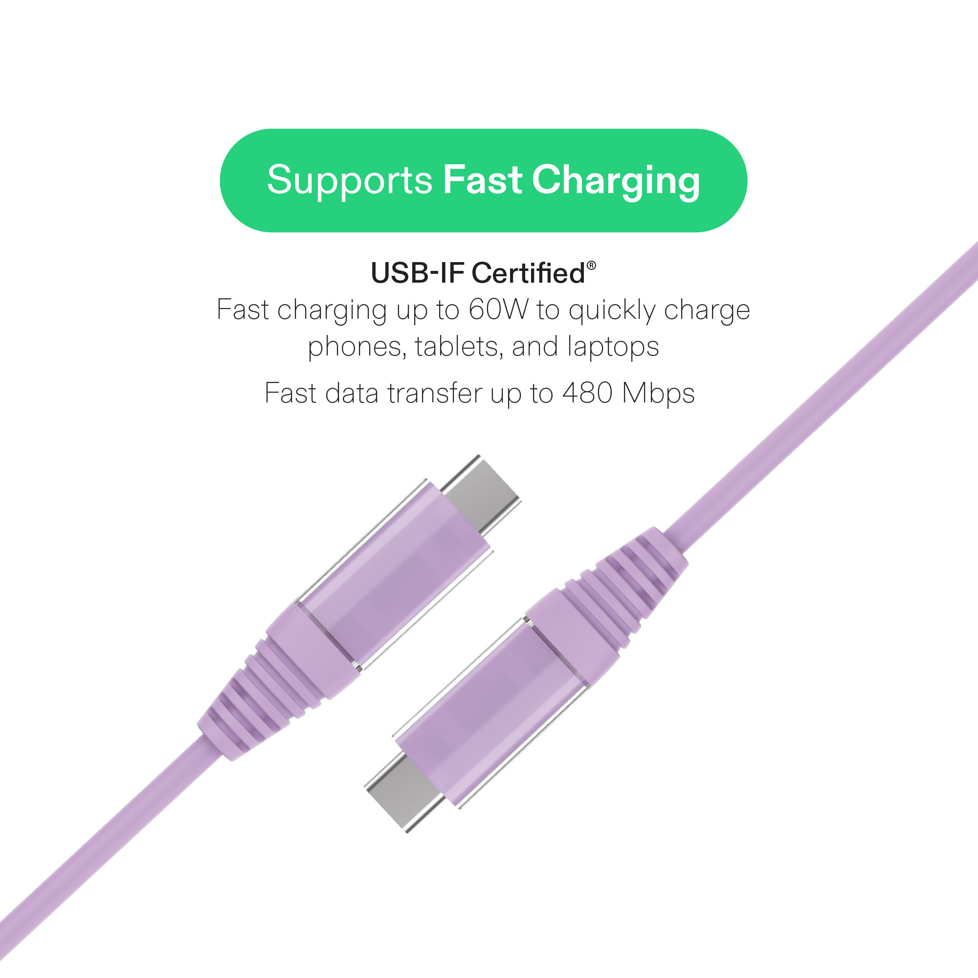 Cable de carga onn de 6 pies USB-C a USB-C, carga rápida, certificado USB-IF, compatible con iPhone serie 16 y 15, Samsung Galaxy, Note, dispositivos Pixel, iPad Pro y más - Púrpura 3