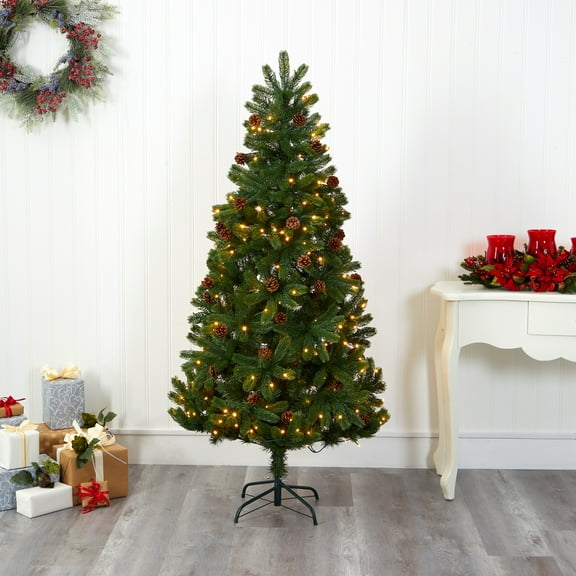 Nearly Natural 6' Green Spruce Artificial Christmas Tree with Pinecones Prelit 250 Clear LED Lights