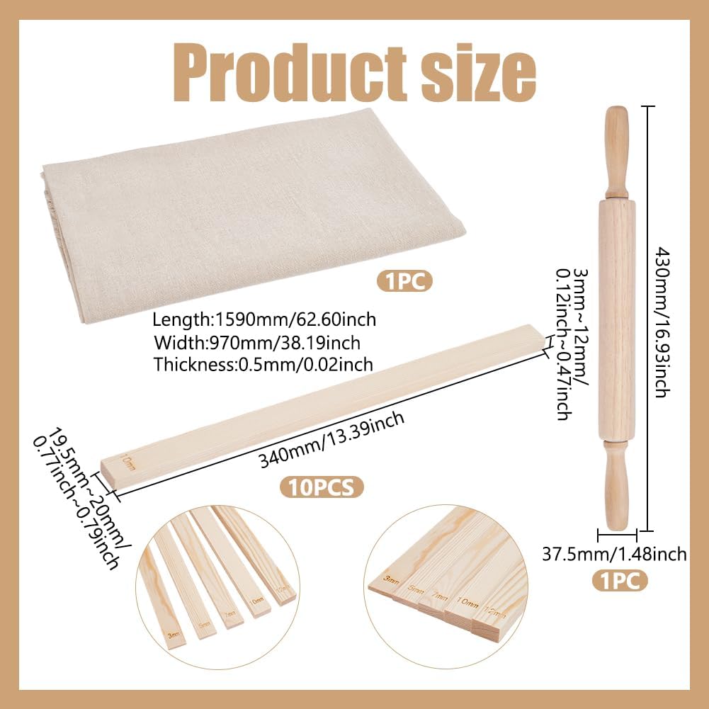 Ceramic Clay Pottery Tool Kits Wood Linen Cloth Fabric and Wooden Rolling Pin Rulers Portable Pottery Wedging Board Linen Tablecloth