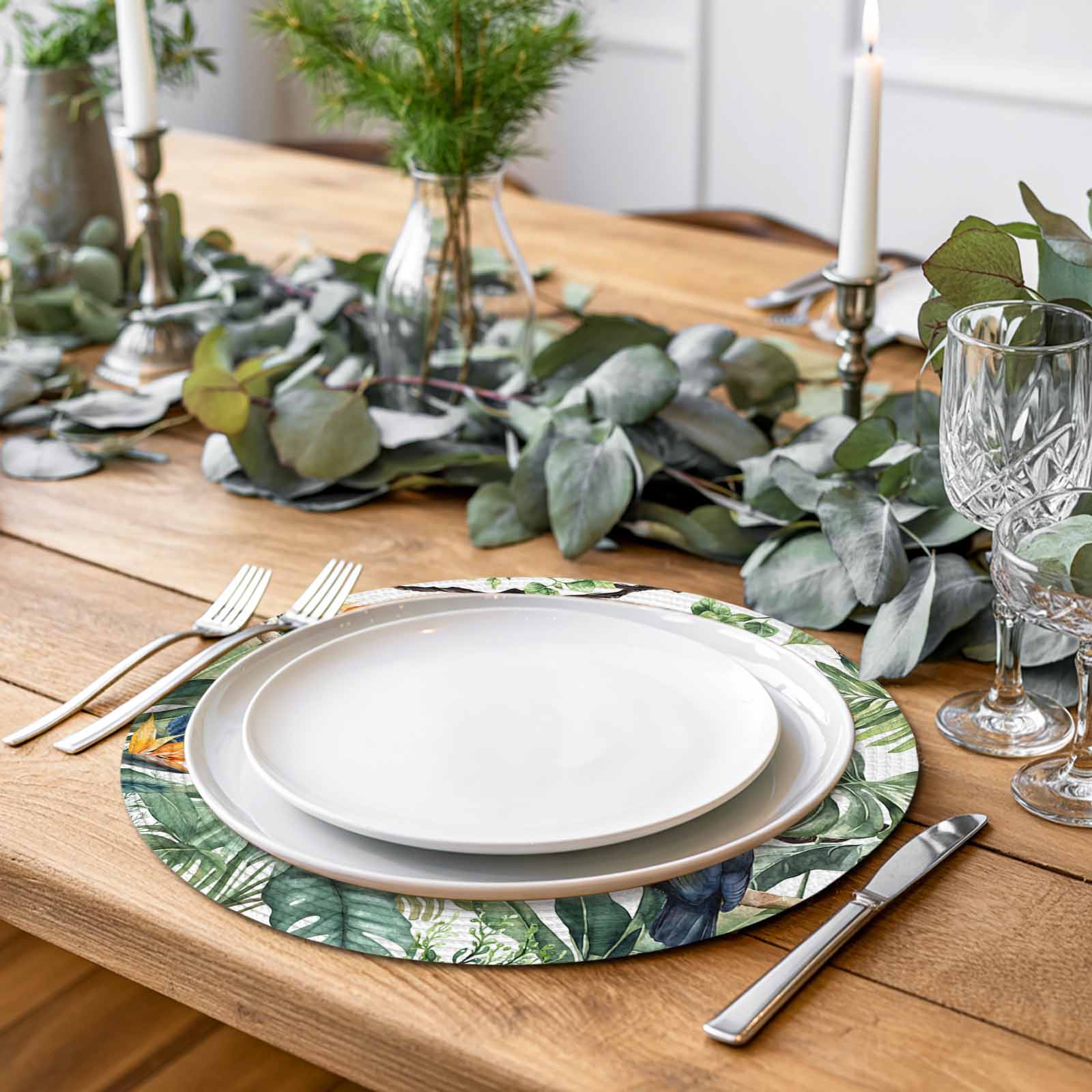 Tropical Botanical Round Table Placemats set of 6, Palm Banana Leaf Toucan Washable Woven Place Mats for Dining Tables Kitchen Party Decor,Heat Proof, 15in, Green