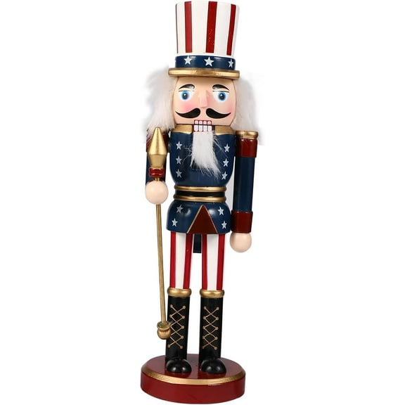 Patriotic Nutcracker Figurines, Christmas Wooden Uncle Nutcracker with USA Flag 4th of July Nutcracker Soldier StatueTabletop Ornaments for Independence Day Decoration (25cm)