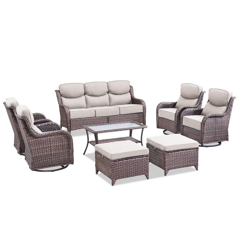 PARKWELL 8 Piece Outdoor Patio Furniture Set,All-Weather High Back Conversation Set with Luxury 6-Inch Thick Cushions,Swivel Glider Chair,9-Seat Furniture Sets for Garden, Deck, Backyard,Brown/Beige