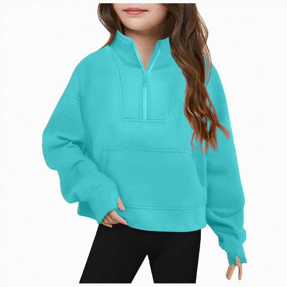 Linfrsh Girls Half Zipper Cropped Hoodies Oversized Long Sleeve Sweatshirt Quarter Zip Up Pullover Tops for Teen Girls(Sky Blue,11-12 Years)