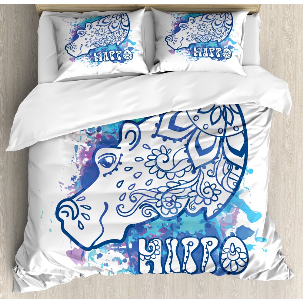 Hippo King Size Duvet Cover Set, Bohemian Hippie Style Word and Hippo