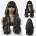thumbnail image 1 of Peluca larga rizada marrón para mujer, cabello Natural ondulado, suave, sintético con flequillo, uso diario en fiestas, fibra resistente al calor, alta densidad, 1 of 4