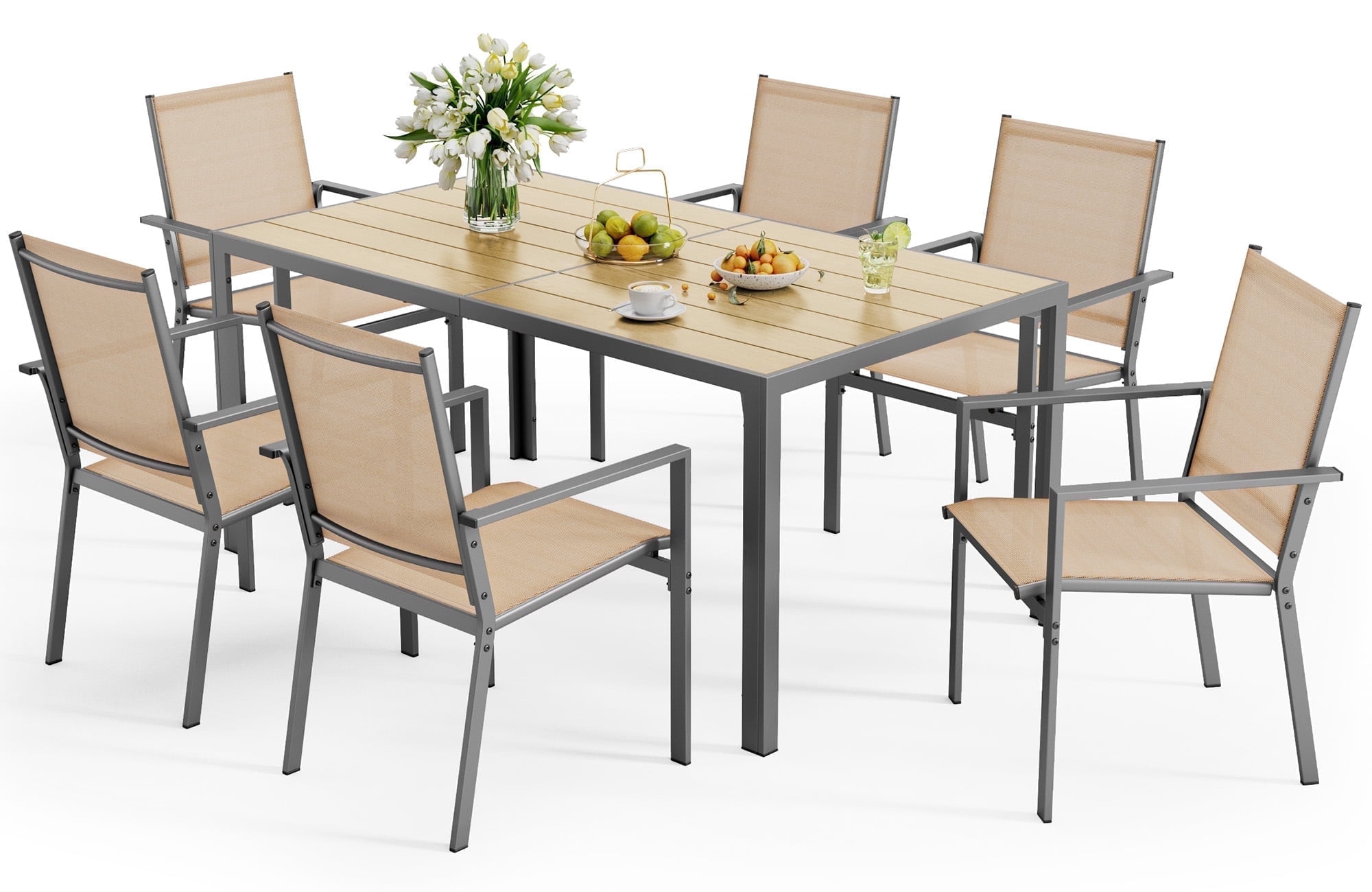 Noelse 7 Piece Patio Dining Set, Outdoor  Patio Table and Chairs with Umbrella Hole, 6 Stackable Textilene Chairs for Backyard, Brown
