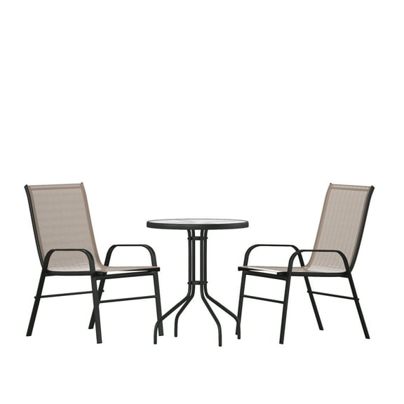 Flash Furniture Brazos Series 3-Piece Steel Glass Patio Table and Chair Set, Brown