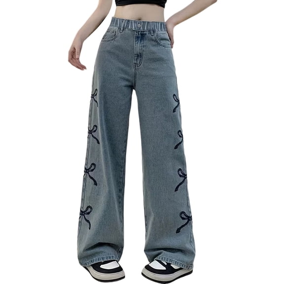 GiLiling Girls Baggy Cargo Jeans High Waist Wide Leg Elastic Waist Y2k Vintage Aesthetic Denim Pants for Summer Fall Bow Embroidery (Blue, 13-14 Years)