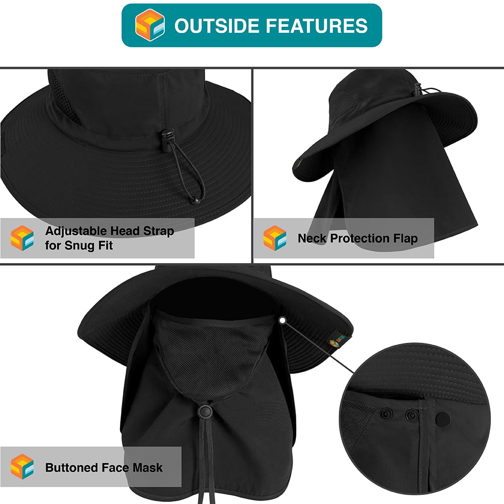 3 in 1 Outdoor Fisherman Hat 360 degrees Sun Protection Flap Hat with Removable Sun Shield Mesh Mouth Mask and Neck Cover Large Long Brim Bucket Hat with Chin Strap Camping Cycling Riding Beach Garden 