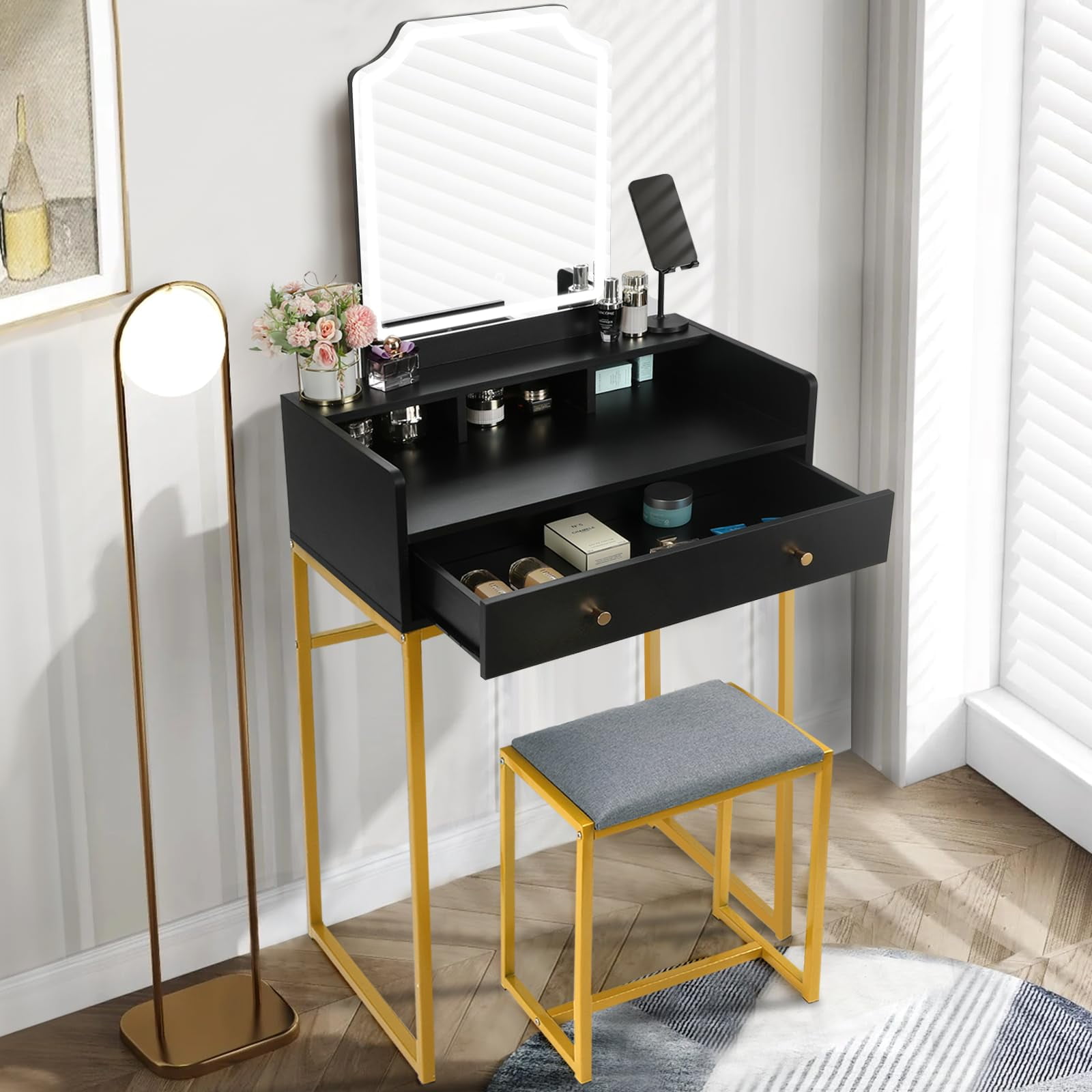 KEUVEN Vanity Desk with Flip Top Mirror and Lights, Makeup Table with 3 Drawers and Stool Storage, Vanity Mirror with Lights 3 Color Dimmable for