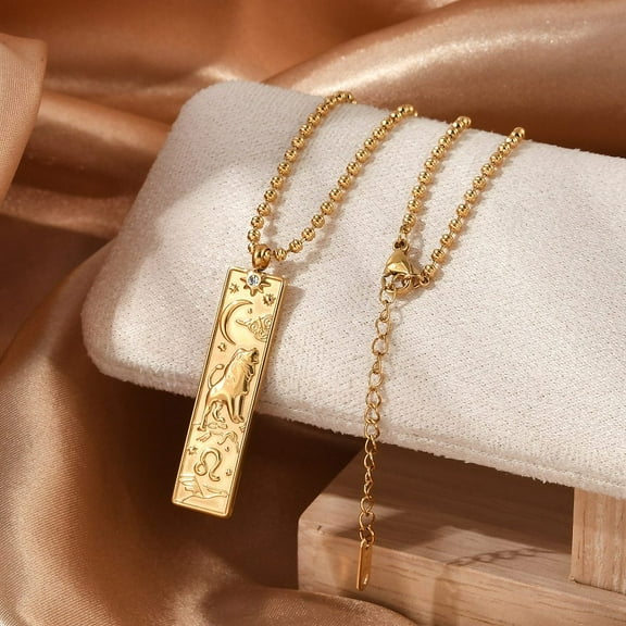 304 Stainless Steel Clear Cubic Zirconia Rectangle Constellation Pendant Necklaces for Women Men Real 18K Gold Plated Leo 18.07 inch(45.9cm)