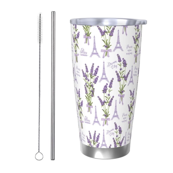 Logiee Lavender Flowers Print 20OZ Car Cup with Lid, Stainless Steel Vacuum Insulated Double Wall Travel Tumbler, Durable Insulated Coffee Mug,Thermal Cup with Straw-Straw Two-piece Set