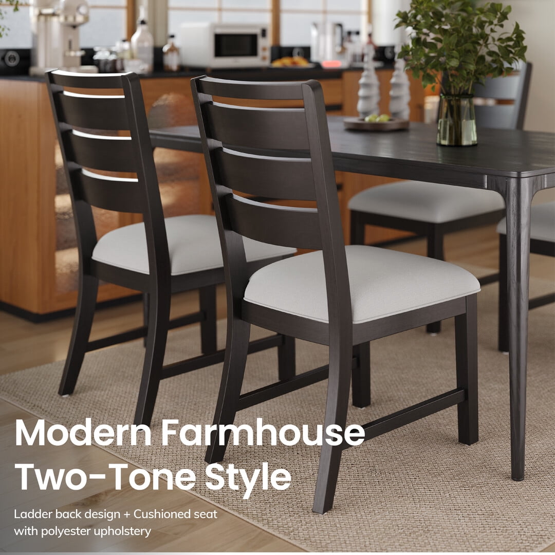 COLAMY SERA Solid Wood Dining Chair Set of 2 with Fabric Upholstered Cushion, Ladder Back Farmhouse Kitchen Chair, Modern Two-Tone Chair for Home and Restaurant, Black