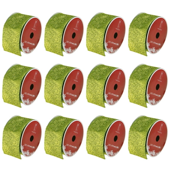 Northlight Club Pack of 12 Lime Green Solid Shimmering Wired Christmas Craft Ribbons - 2.5" x 120