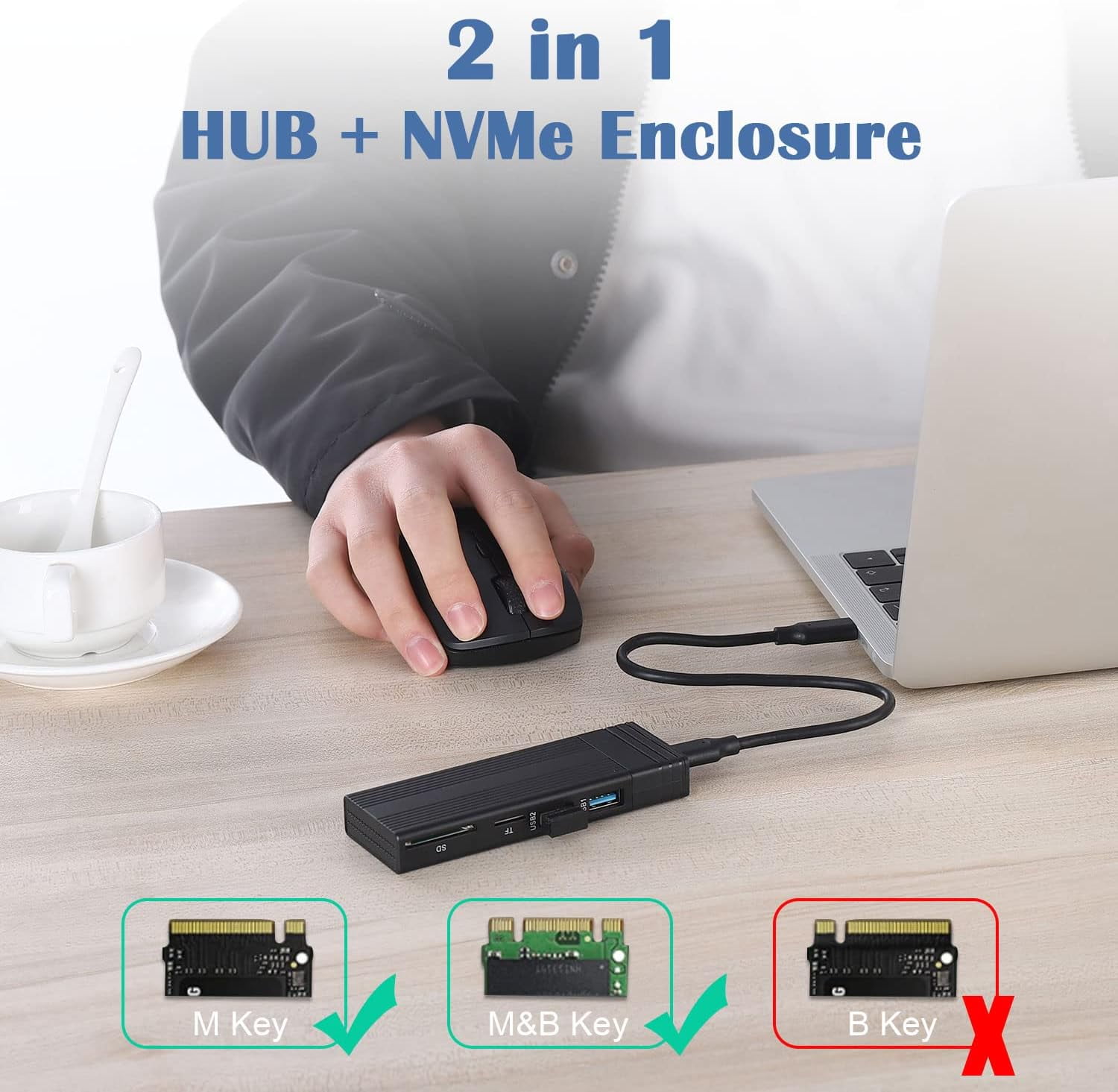 NVMe M.2 Enclosure & USB Hub 2 in 1, USB C 3.2 Gen2 10Gbps Transmission Supports M.2 NVME PCIe M-Key (B+M Key) Tool-Free Hard Drive Enclosure with 2 USB Ports SD/TF Card Reader for 2242/2260/2280 SSD