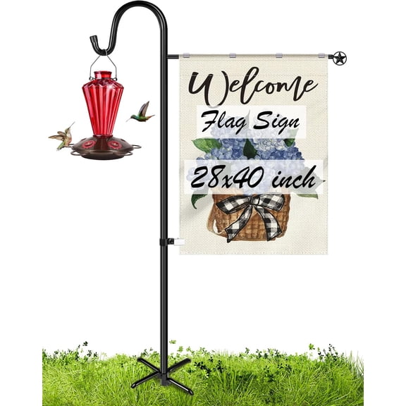 Upgraded Garden Flag Holder Stand with Shepherd Hook for 28'' x 40'' Flags 60 in Heavy Duty Yard Post Stake 1 Clip Outside (Without Solar Lights & Flag)