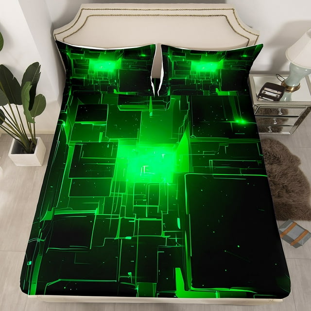 Black Green Abstract Fitted Sheet Stereoscopic Square Bedding Set, Geometry Grid Bed Sheets Kids Neon Light Checkered Sheets, Glowing Plaid Fitted Bed Sheets 3D Modern Bedroom Decor Full 3Pcs