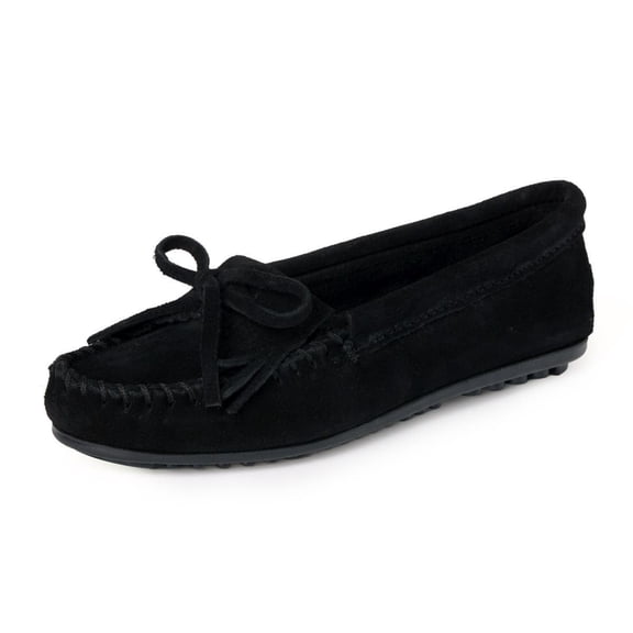 Minnetonka Women's Kilty Suede Hardsole Moccasin, Black, 9.5 M US