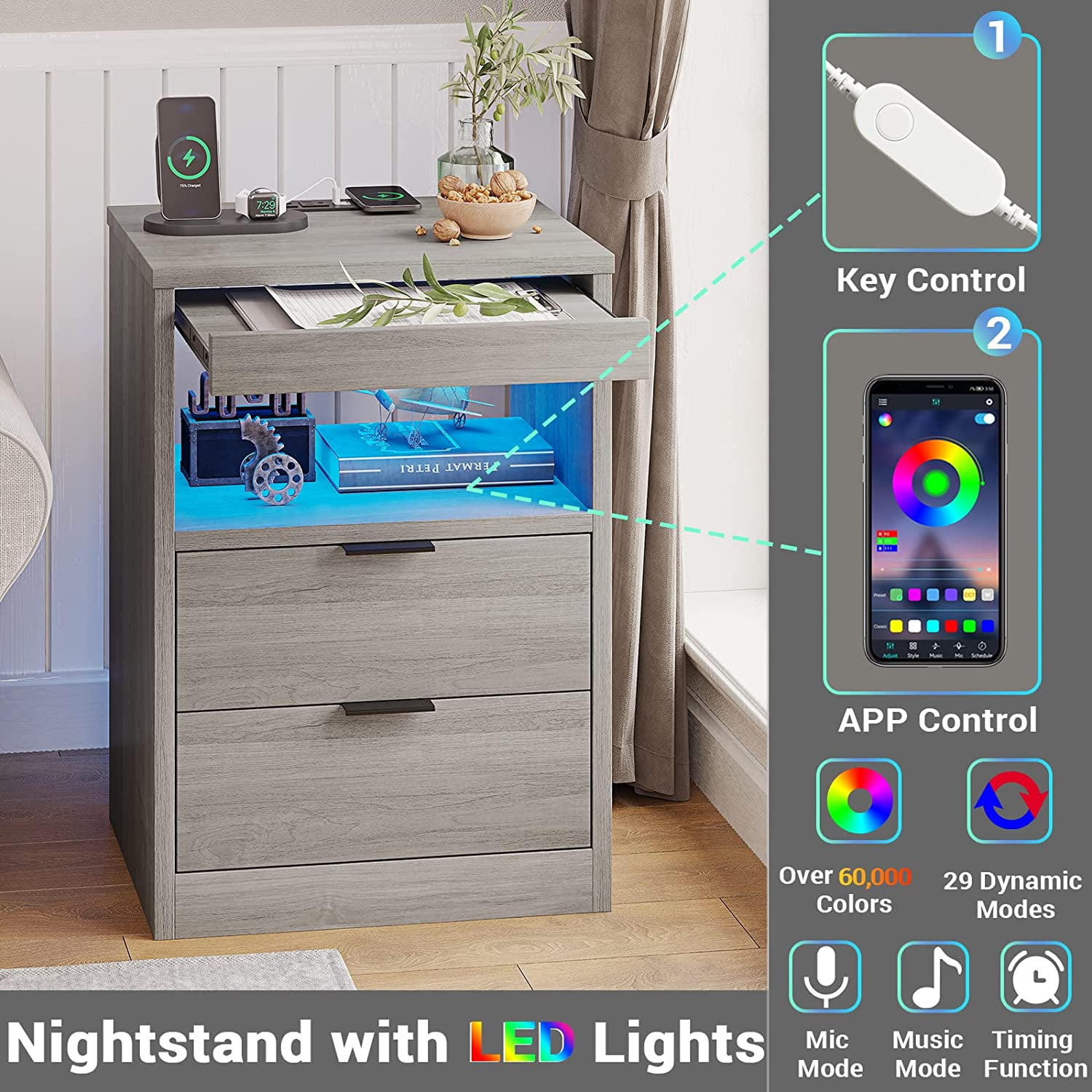 Gray Nightstand with LED Light Strips & Wireless Charging, LED Bedside  Table with Pull-Out Shelf & 2 Outlets & 2 USB Ports, Modern End Side Table  for 