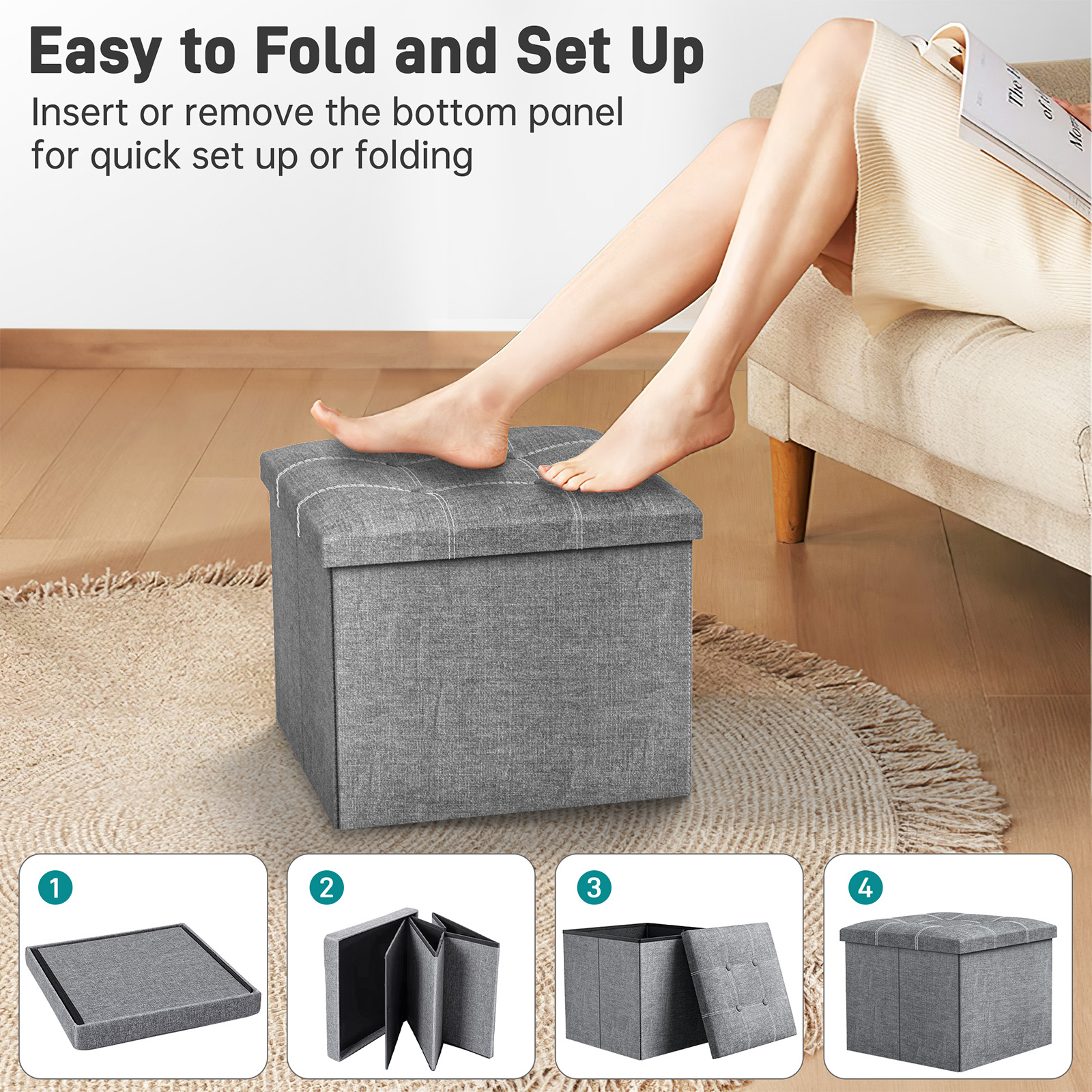 Cshidworld 40L Folding Storage Ottoman Stool, Gray photo 3