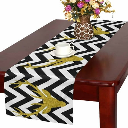Mkhert Gold Glitter Deer Head In Black And White Chevron Table Runner Home Decor For Wedding Banquet Decoration 16x72 Inch