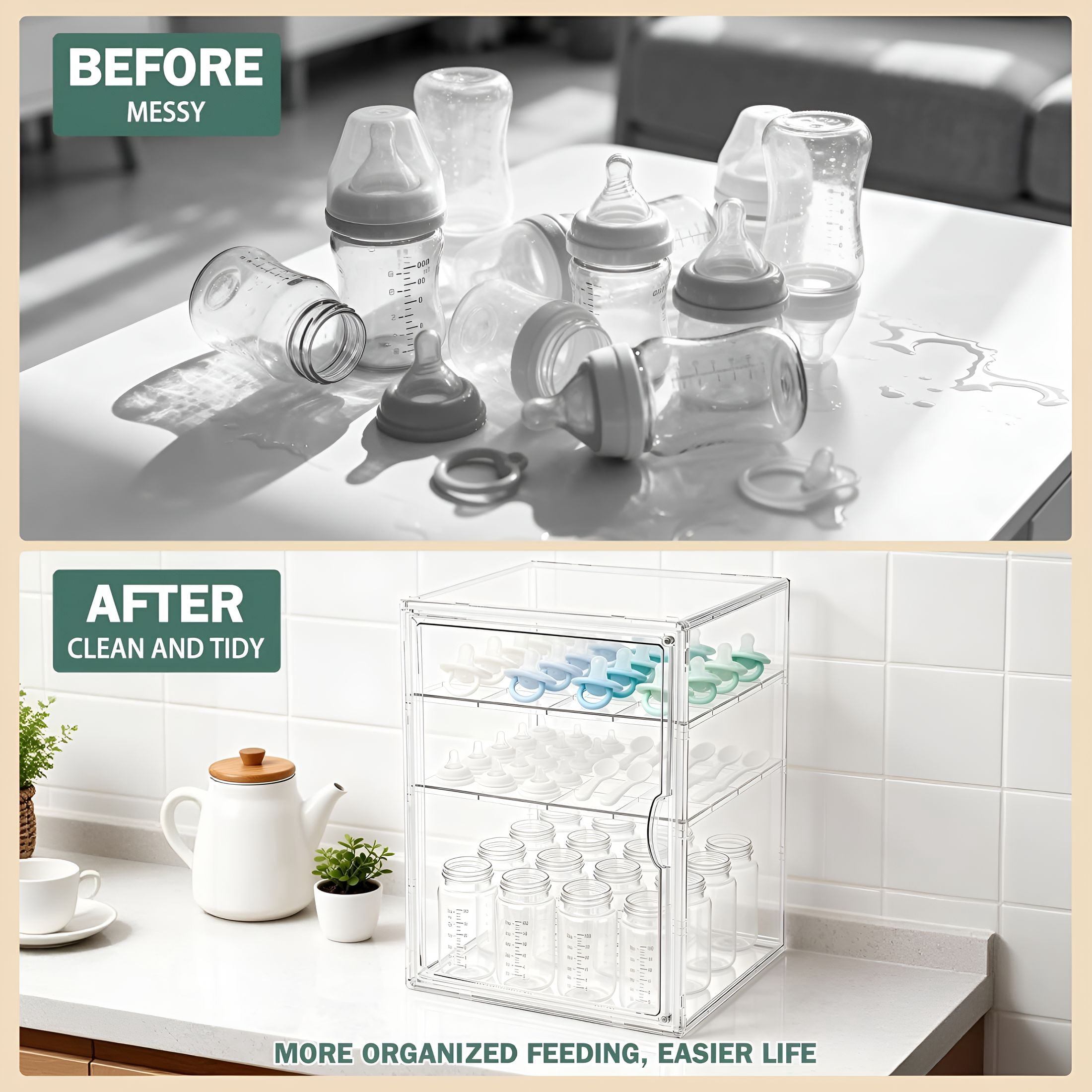 XIBUFE Baby Bottle Organizer3 Tiers Acrylic Storage ContainerClear Plastic Station with