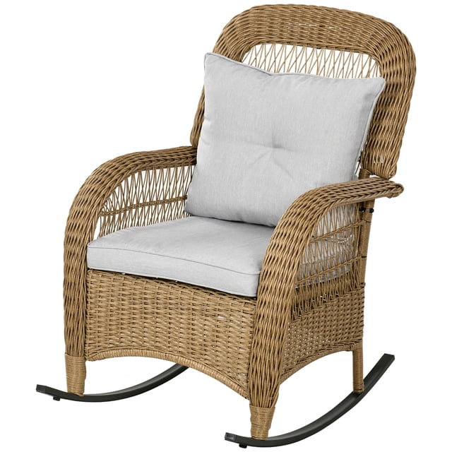 Light Grey Rattan Rocking Chair with Cushions - Outdoor Patio Garden Porch Furniture - Steel Frame, 27.2" x 36.2" x 39.4" - Relaxing Seating